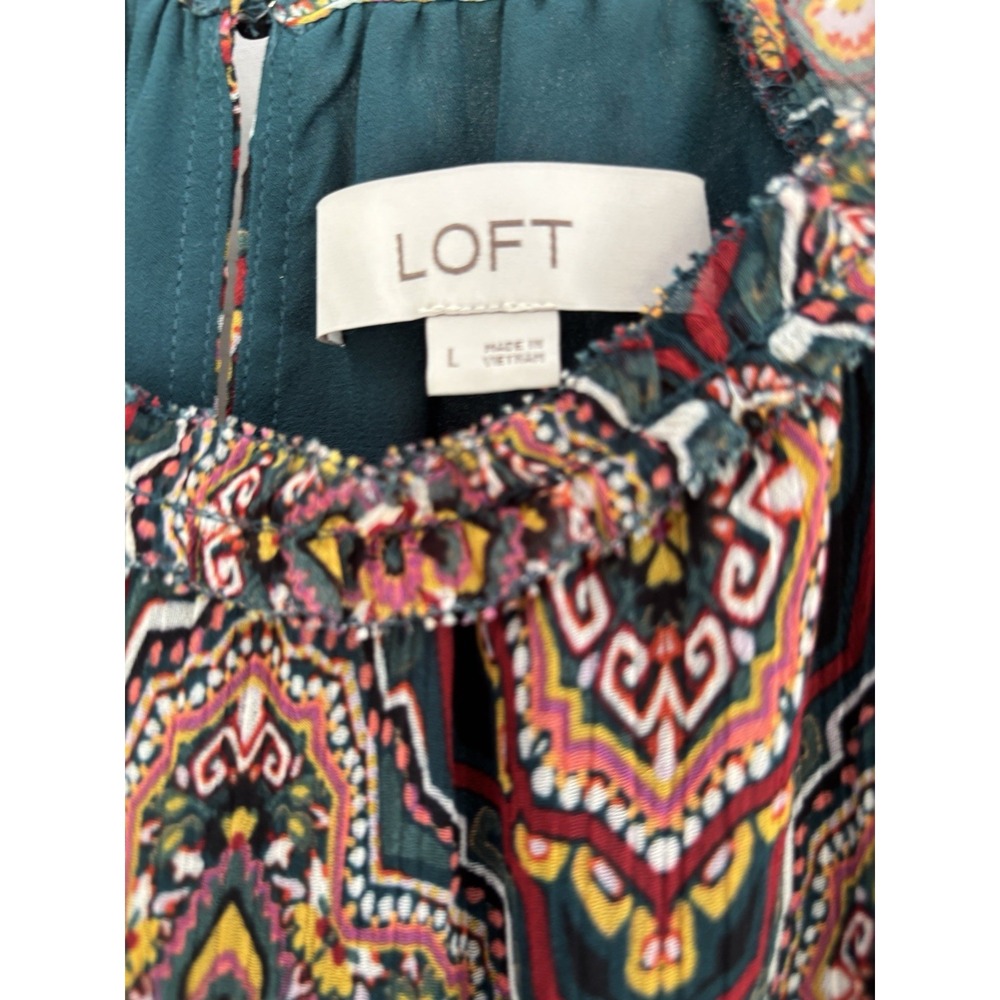 LOFT Women's Multicolor Geometric Flutter Sleeve Ruffle Round Neck Blouse L - Picture 3 of 3